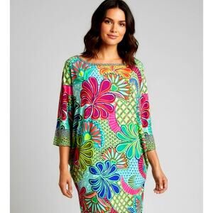 Trina Turk Floral Tunic Cover Up Batwing Dolman Sleeve Resort Dress Size M